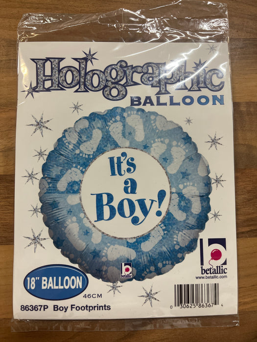 18inch Its A Boy Holographic Foil Balloon -  Round shape with baby feet imprint