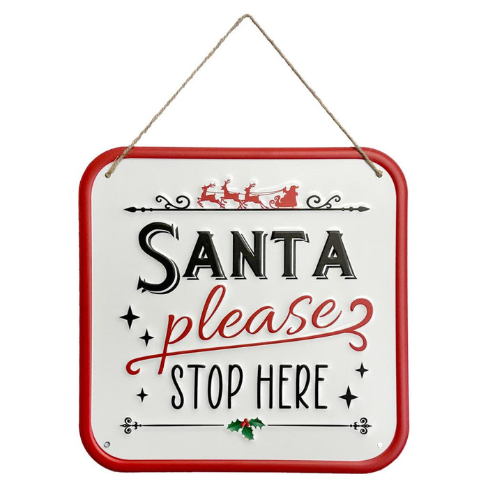 30 x 30cm Santa Please Stop Here Vintage Style Metal Sign