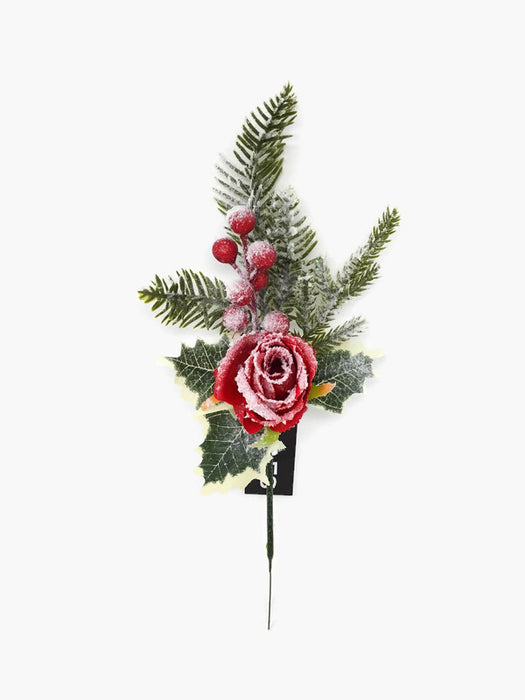 30cm Snowy Rose Holly & Berry Pick - Red