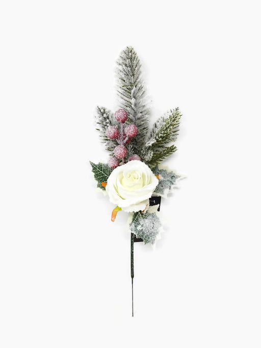 30cm Snowy White Rose Holly & Berry Pick