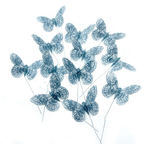 10cm Blue  Glittered Wired Butterflies , 12 Per box