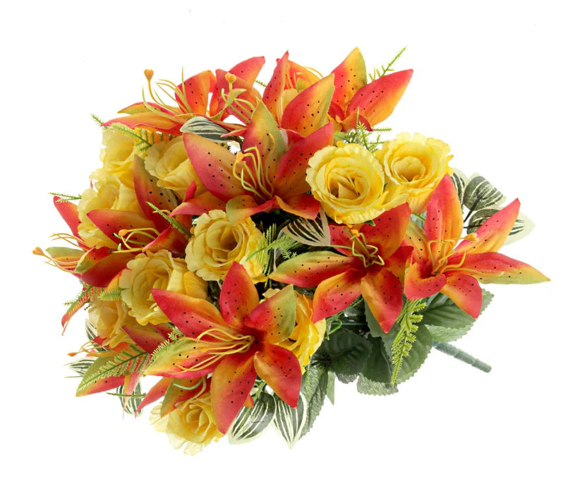 24 Head Rose & Lily Flower Bouquet - Yellow & Orange Mix