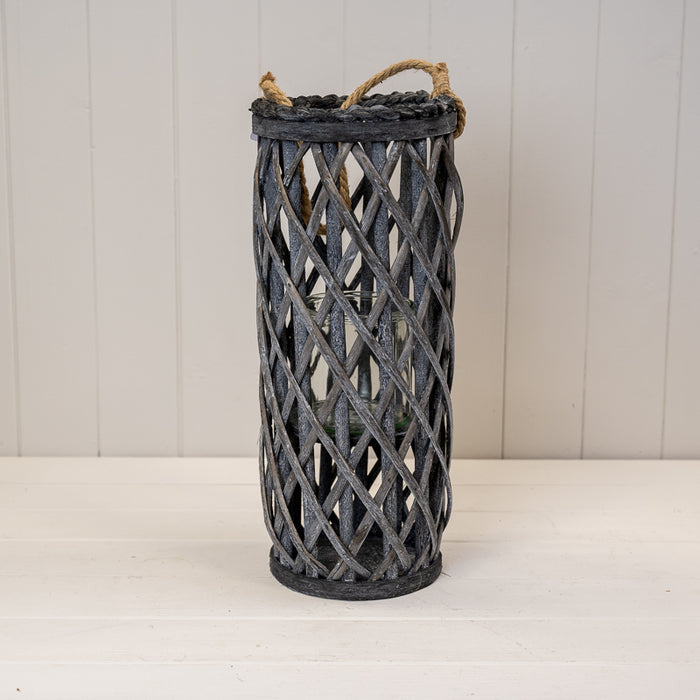 40cm Tall Grey-Washed Woven Wicker Lantern