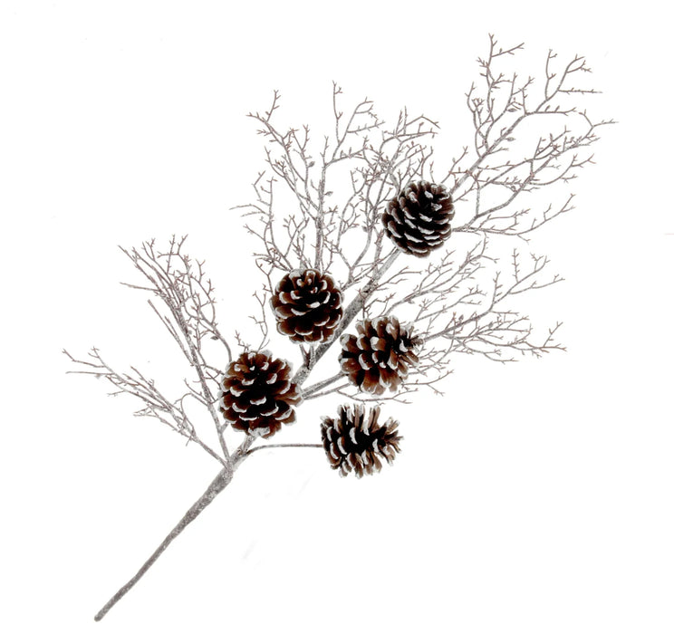 Twig Spray with Pine Cones - Brown/White (48cm long)