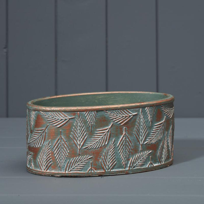 Green and Copper Wash Cement Oval Planter  L20 x D11 x H9cm