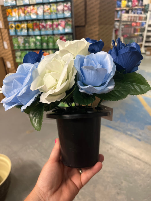 Pre-filled Rose  Grave Pot - Blue & Cream