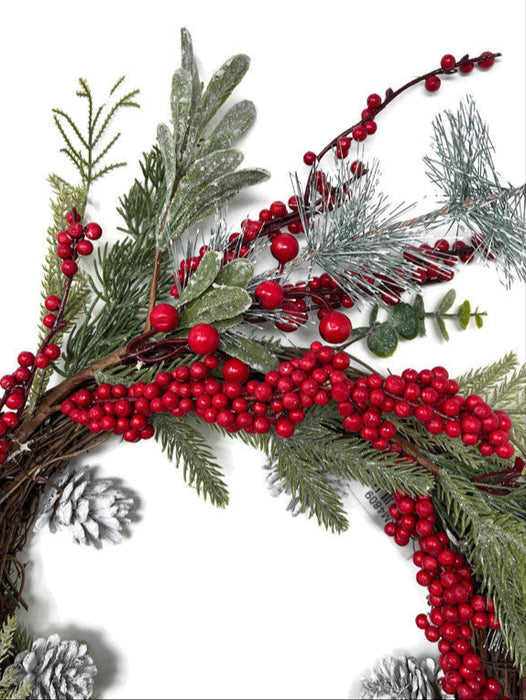 50cm Frosted Pine Mistletoe & Berry Wreath