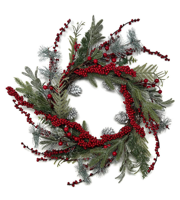 50cm Frosted Pine Mistletoe & Berry Wreath