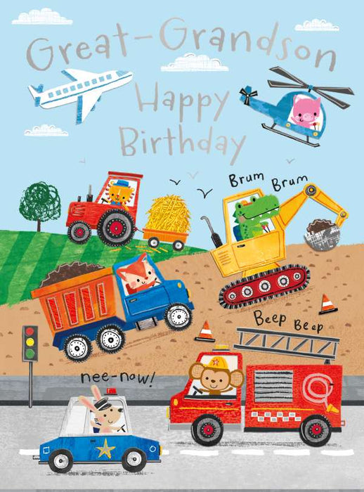 7x5 inch Card -  Great Grandson Happy Birthday - Digger, Tractor, Police Car, Helicopter etc
