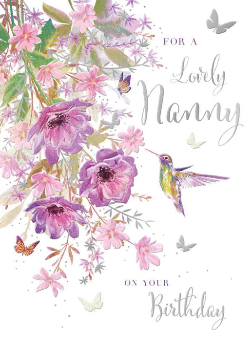 7x5 inch  Card - For a Lovely Nanny on your Birthday - Flower & Humming Bird Image