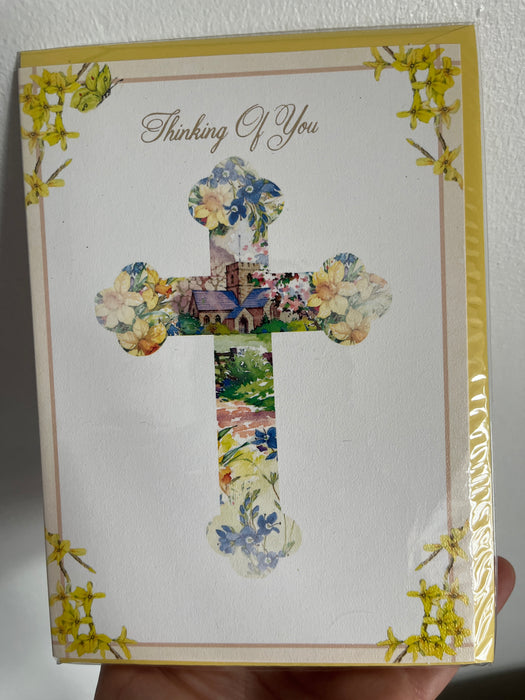7x5" Card - Thinking of You - Happy Easter - Cross / Church / Daffodils Image
