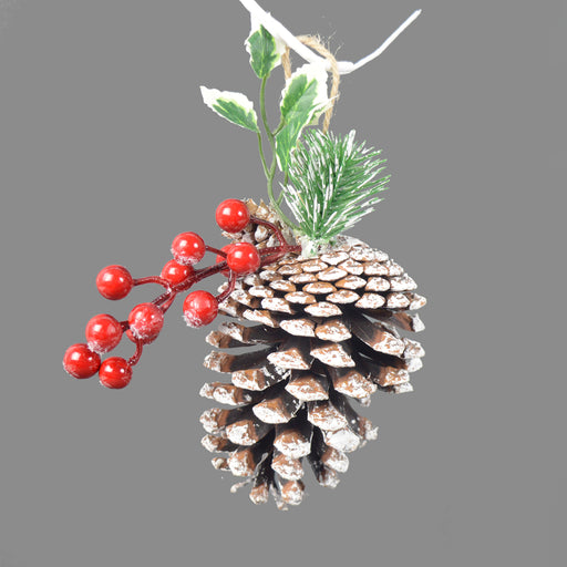 Hanging Natural Pine Cone with Red Berries & Holly 18cm