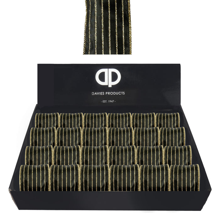 Single Roll of Wired Edge Ribbon - 63mm x 2.7m -  Black & Gold Stripe