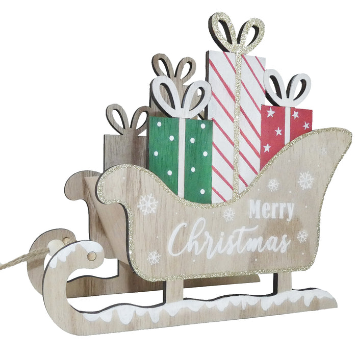 Wooden Snowy Merry Christmas Sleigh x 22cm Length