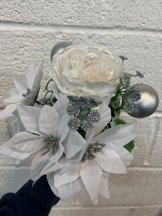 REDUCED Rose + Poinsettia Bauble & Holly Grave Vase Container  - White