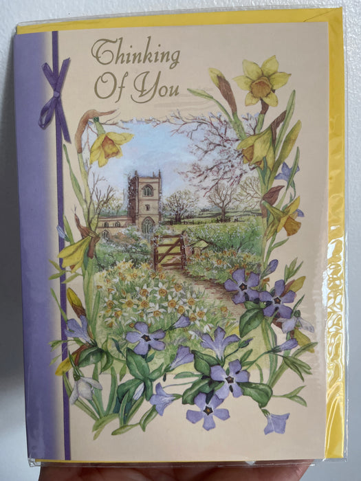 7x5" Card - Thinking of You - Church / Daffodils & Purple Campanula Image