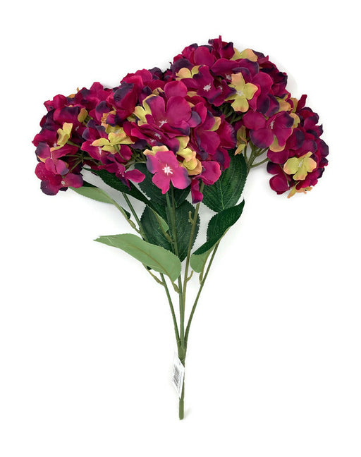 Artificial red hydrangea bush Attractive red frilled flower heads Eye-catching wedding and home display Lovely addition to floral arrangements Height approx 40cm