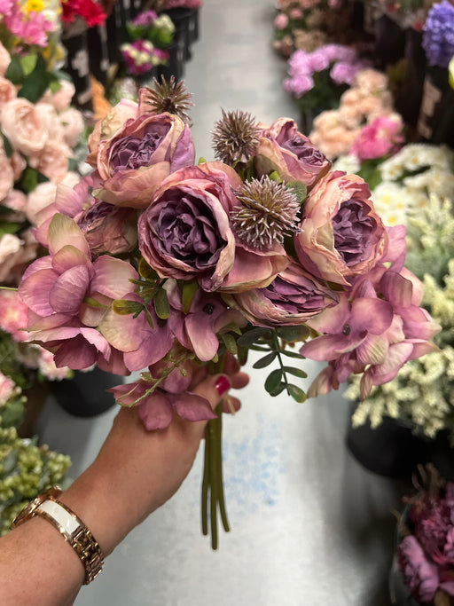 Dried Style Rose Hydrangea & Globe Thistle Bundle -lilac pink