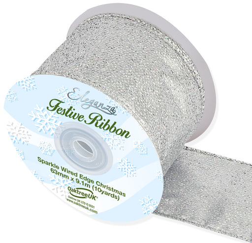 Sparkle Wired Edge Ribbon 63mm x 9.1m Silver
