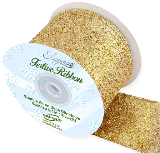 Sparkle Wired Edge Ribbon 63mm x 9.1m Gold