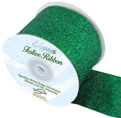 Sparkle Wired Edge Ribbon 63mm x 9.1m Green