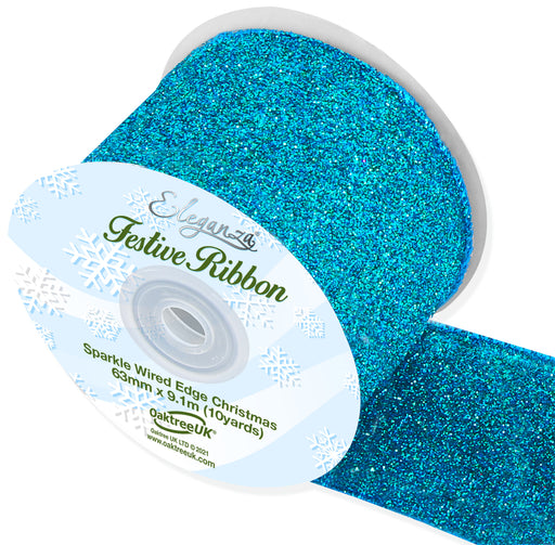 Sparkle Wired Edge Ribbon 63mm x 9.1m Turquoise