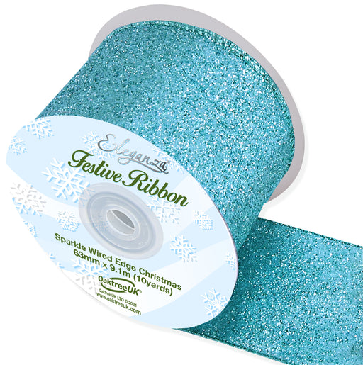 Sparkle Wired Edge Ribbon 63mm x 9.1m Ice Blue