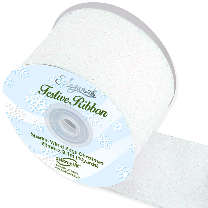 Sparkle Wired Edge Ribbon 63mm x 9.1m White Iridescent