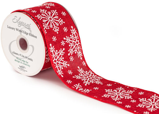 Wired Edge Red White Burlap Snowflake Ribbon 63mm x 9.1m