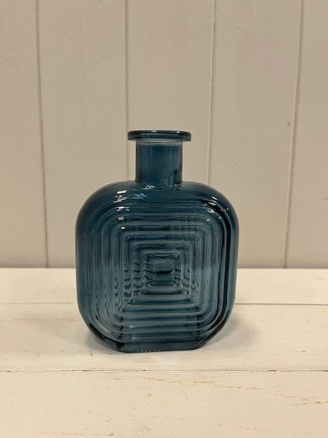 Blue Square Glass Bottle With Ribbed Design
