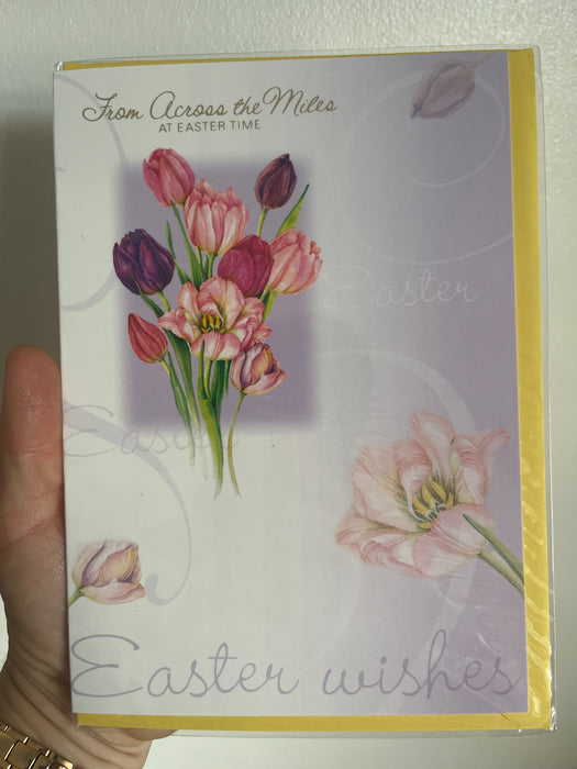 7x5" Card - From Across the Miles at Easter - Pink / Purple Tulips Image