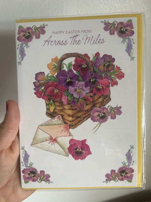 (7x5" Card - Happy Easter from Across the Miles - Pansy basket Image