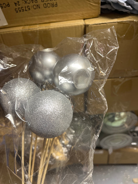 4 Bauble Picks on Wooden Stick - Silver REDUCED