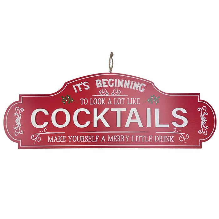 71 x 25cm Vintage Style Wooden Red Christmas Cocktails Sign