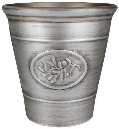 Aged Silver Design Plastic Planter x 30cm with Embossed Olive Branch  