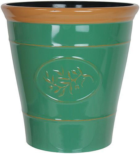 igh Gloss Plastic Planter x 30cm - Embossed Olive Branch - Dark Green with Brown Rim