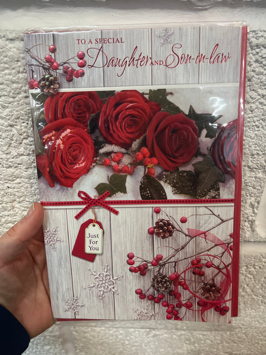9x6” Christmas Card - Daughter & Son in law - Red rose image