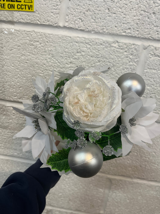 REDUCED Rose + Poinsettia Bauble & Holly Grave Vase Container  - White