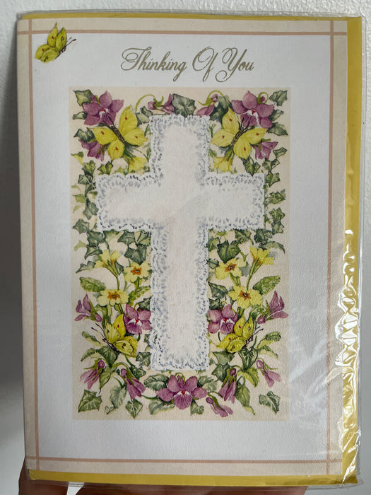 7x5" Easter Card - Thinking of You - Yellow Butterflies & Lace Cross Image