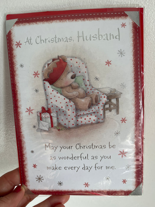 7x5" Card - At Christmas Husband -Sofa Sitting Bear
