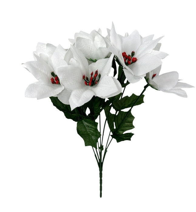 7 Head Velvet Poinsettia Flower Bush x 33cm - White
