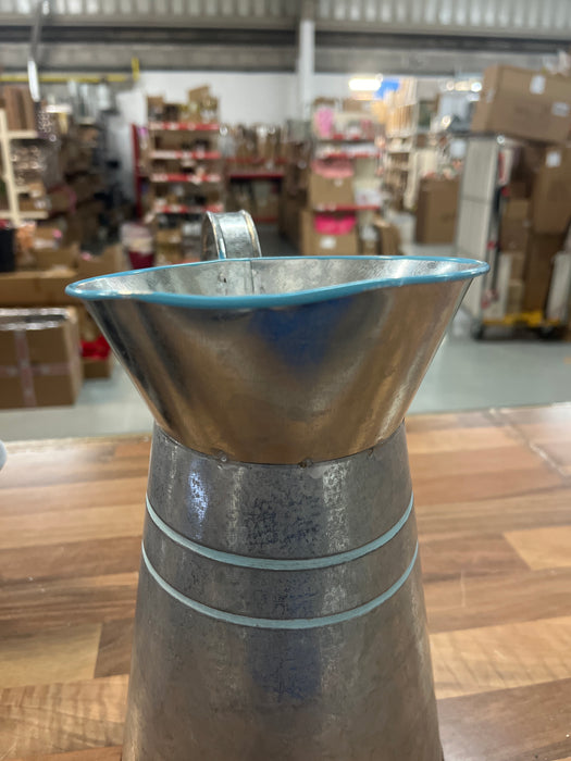 DAMAGED SEE PICTURES Silver Tin Cherish Jug x 25cm - Duck Egg Blue Stripes