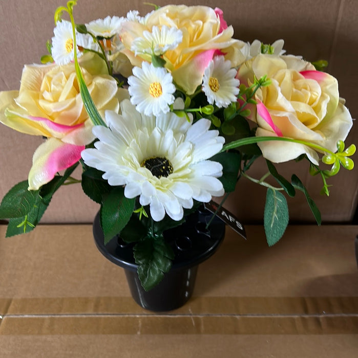 Pink & Cream Rose Gerbera & Daisy Grave Pot