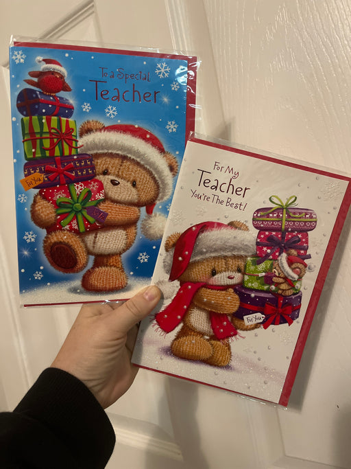 7x5" christmas Card - Special Teacher - Bear with presents image - selected at random