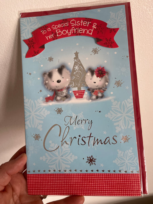 7x5" Christmas Card - Sister and her Boyfriend - blue with two animals Image