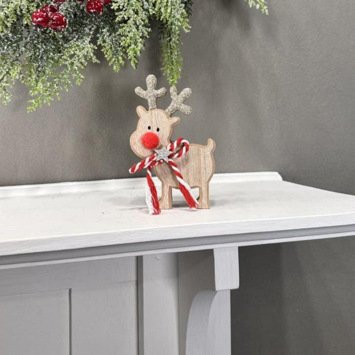 8cm x 12cm Standing Wooden Reindeer with Red Pom Pom Nose