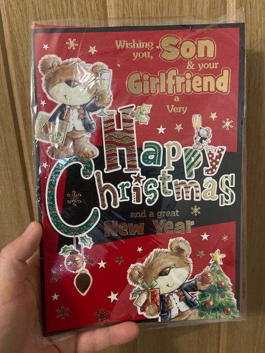 9x6” Christmas Card - Son & your Girlfriend - Red card with bears image