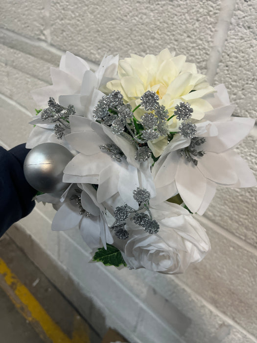 REDUCED Rose, Dahlia + Poinsettia Bauble & Holly Grave Vase Container  - White