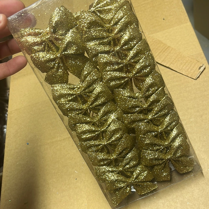 24 Mini Glitter Bows Gold