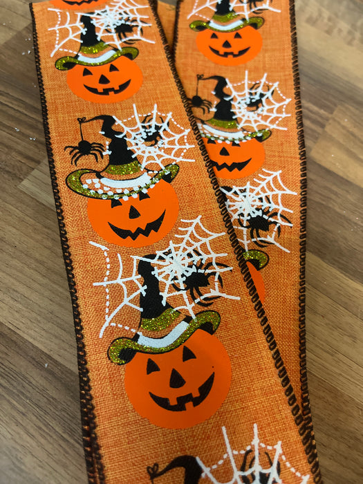 1 Metre Wired Halloween Pumpkin Ribbon - Orange/Black/White (60mm width)